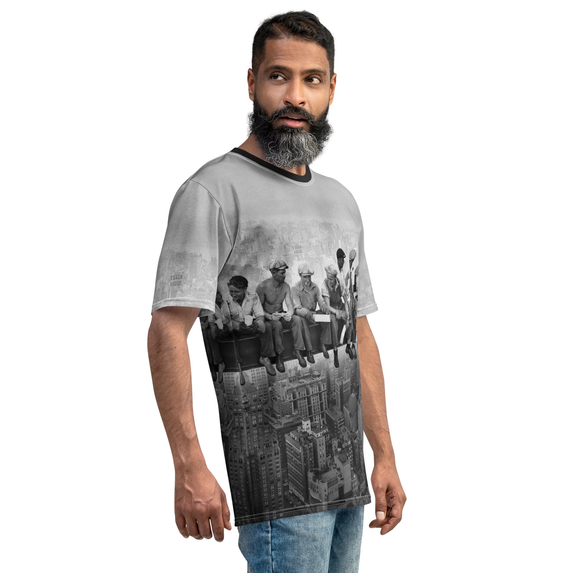 Older man wearing a Vintage Lunch Atop a Skyscraper Iconic All Over Print Photo T-shirt, front right view