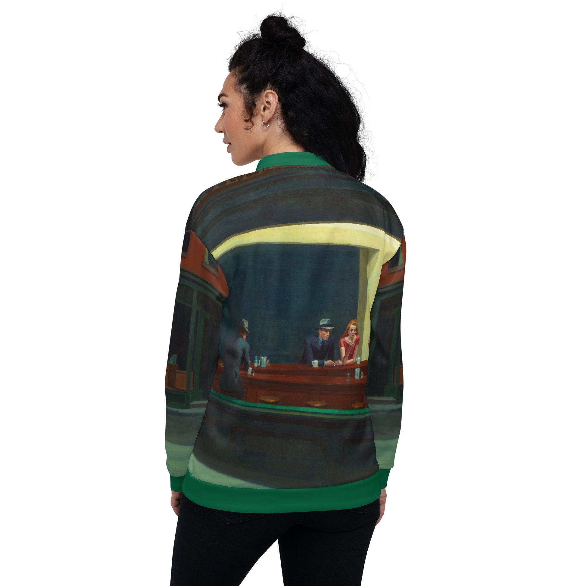 All over print lightweight bomber jacket featuring 'Nighthawks' by Edward Hopper.