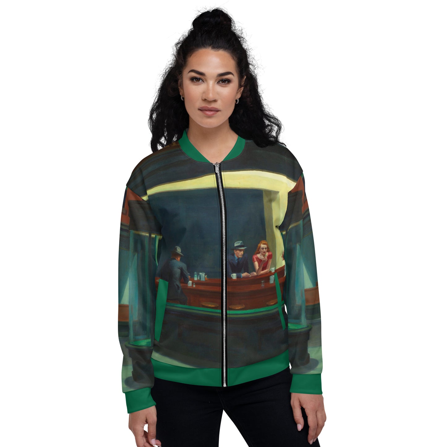 All over print lightweight bomber jacket featuring 'Nighthawks' by Edward Hopper.