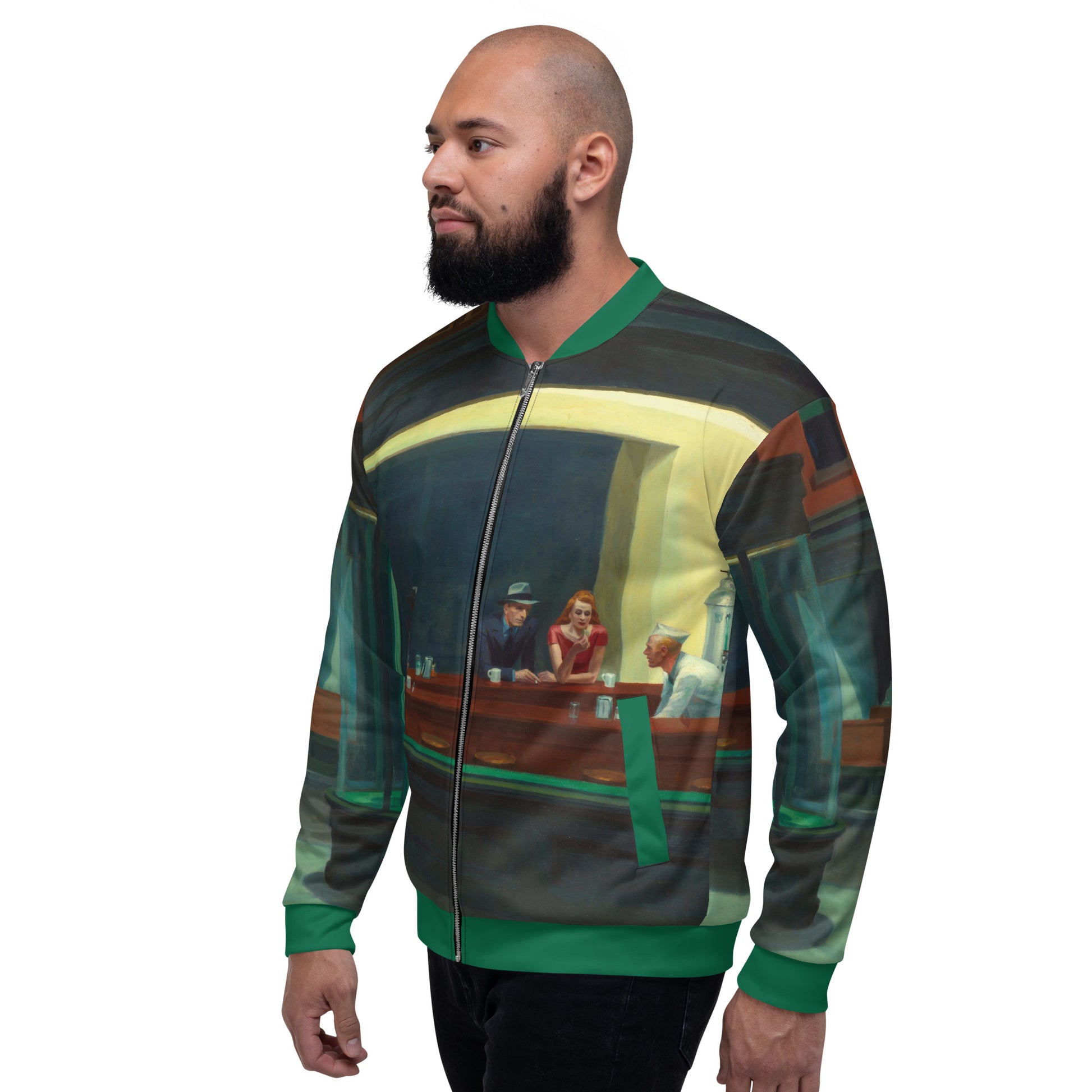 All over print lightweight bomber jacket featuring 'Nighthawks' by Edward Hopper.