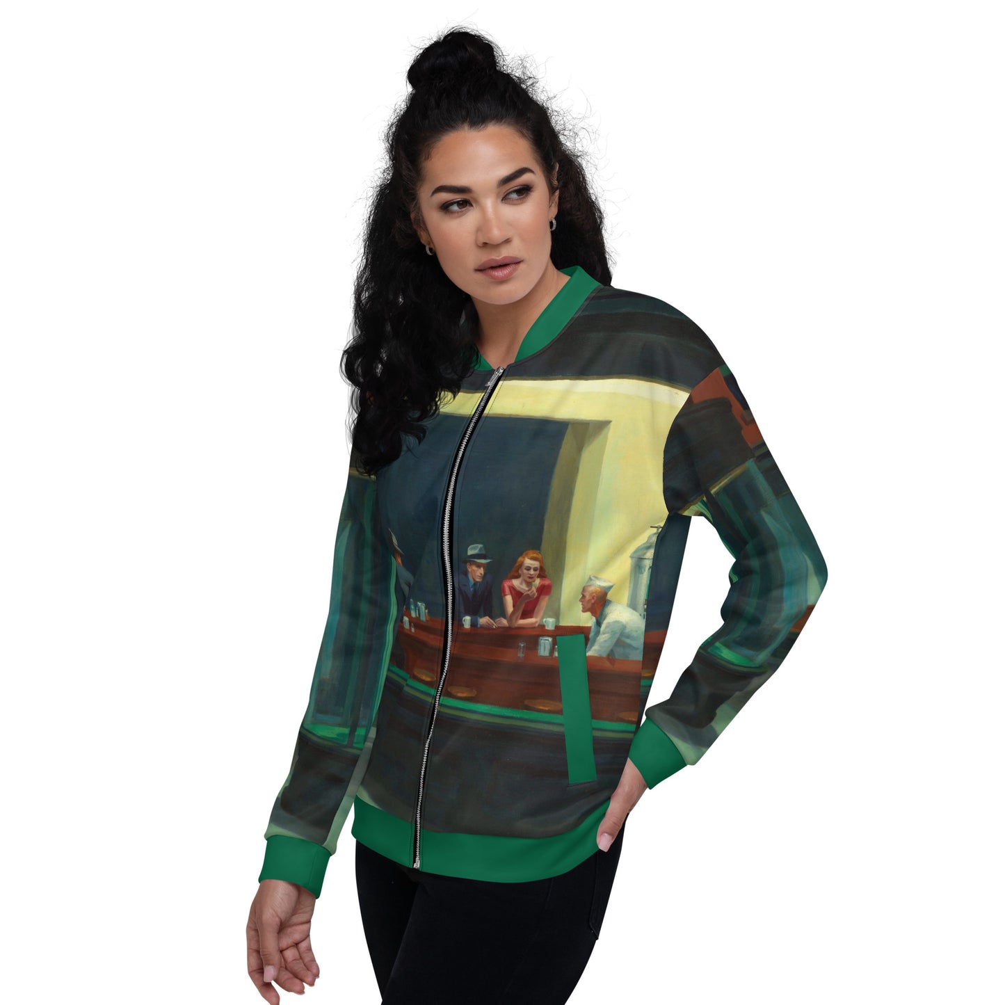 All over print lightweight bomber jacket featuring 'Nighthawks' by Edward Hopper. womens.