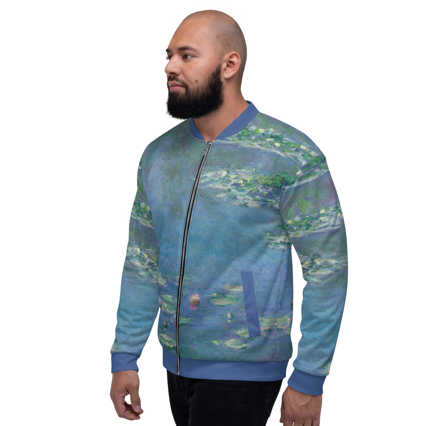 Lightweight unisex bomber style jacket printed with Claude Monet's 'Water Lilies'. Male model.