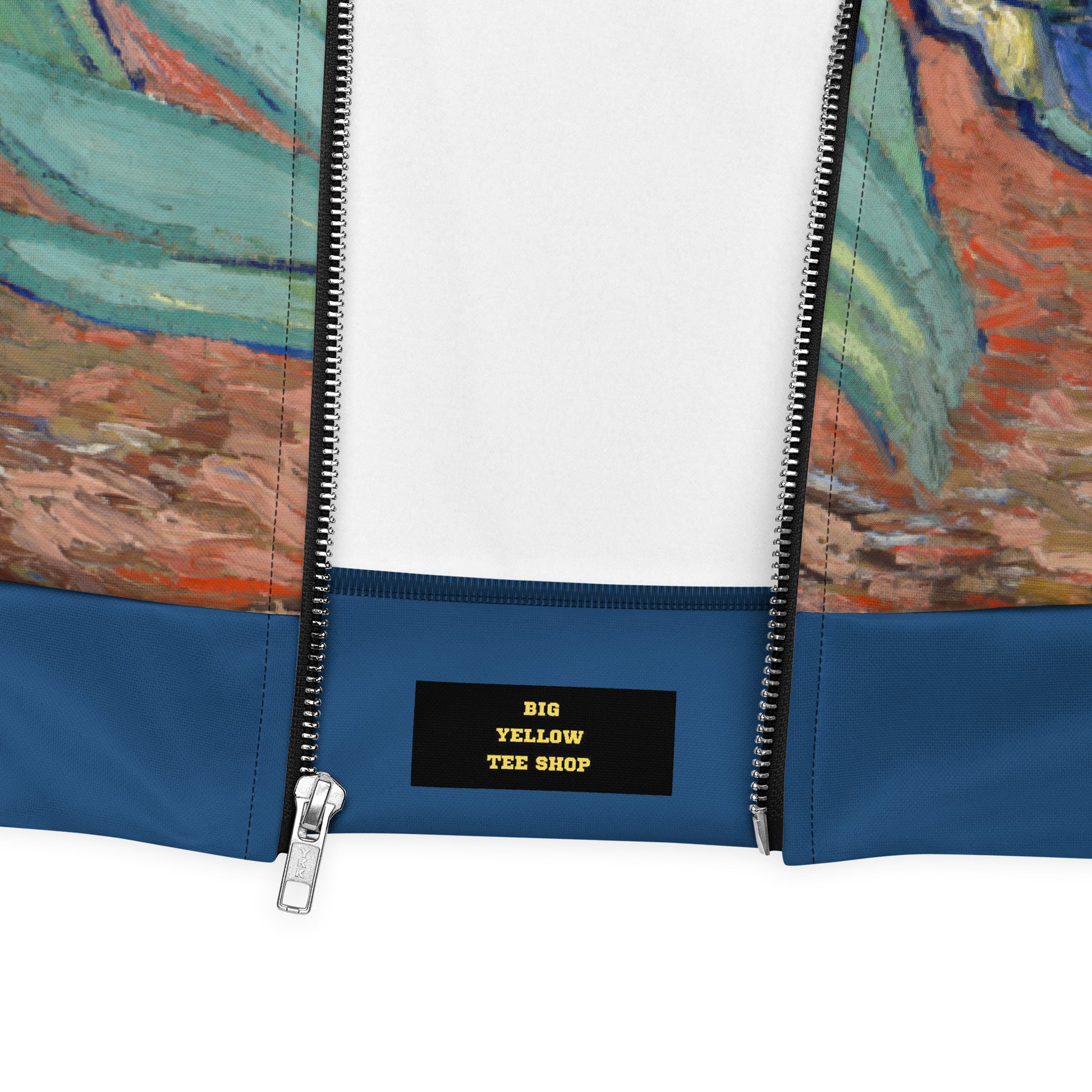 Lightweight bomber jacket with Vincent Van Gogh 'Irises' all over printed design. Close up of zip and label.