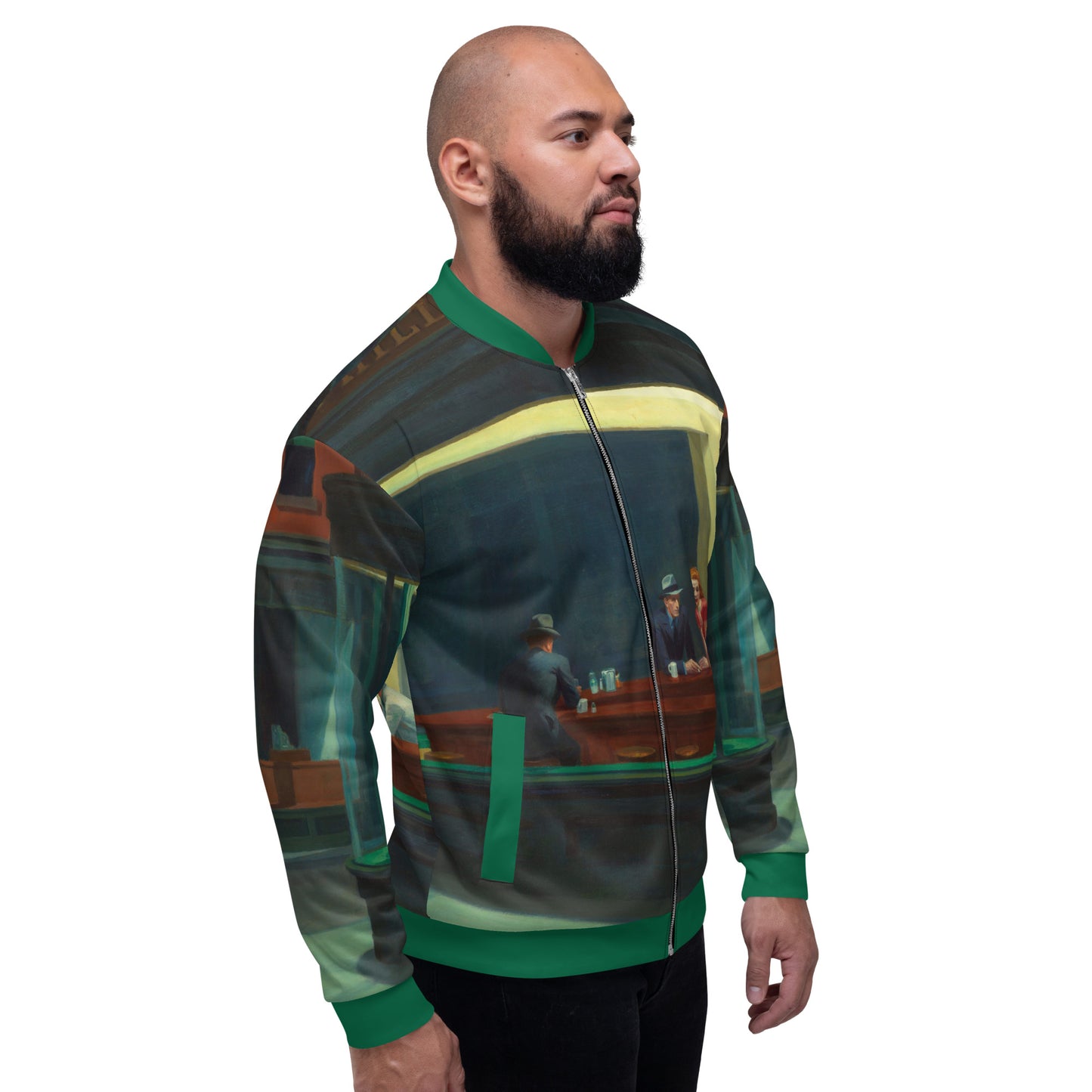 All over print lightweight bomber jacket featuring 'Nighthawks' by Edward Hopper.