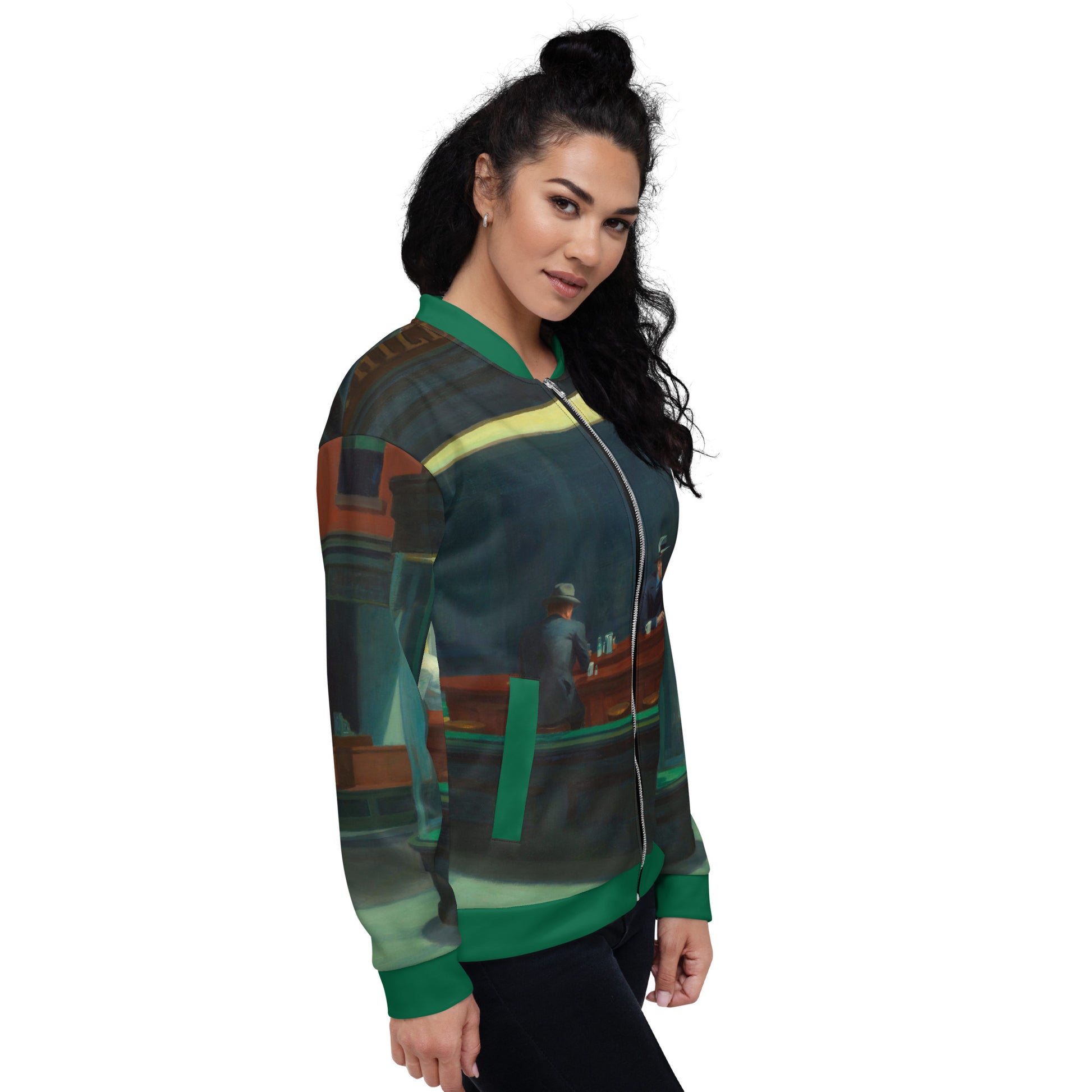 All over print lightweight bomber jacket featuring 'Nighthawks' by Edward Hopper.