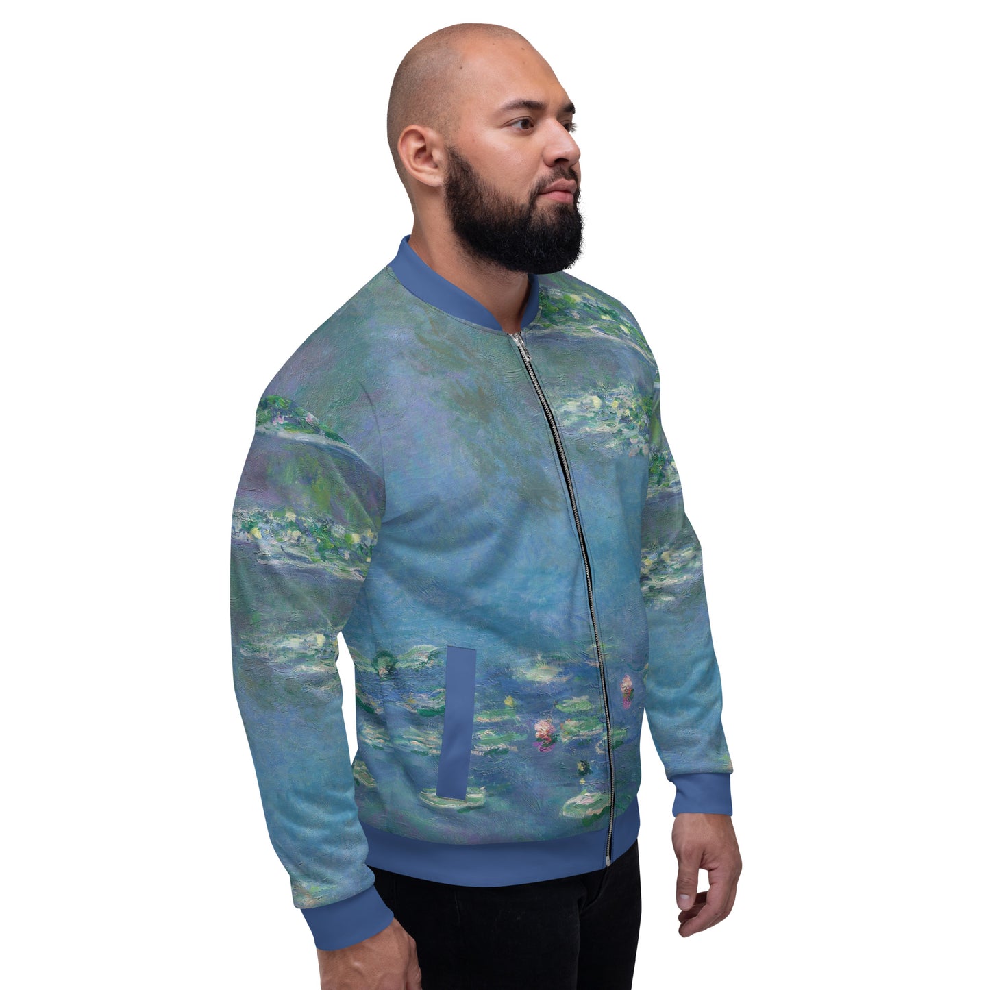 Lightweight unisex bomber style jacket printed with Claude Monet's 'Water Lilies'. Male model.