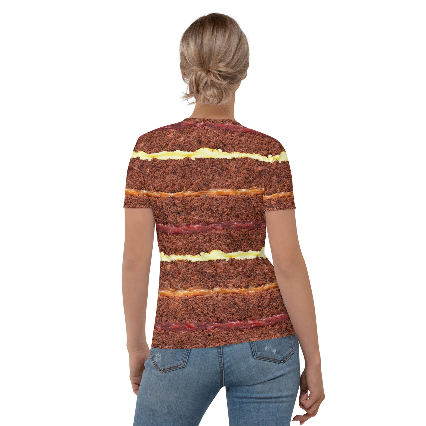 female model wearing Chocolate Gateau Cake Layers all over print women's T-shirt rear view