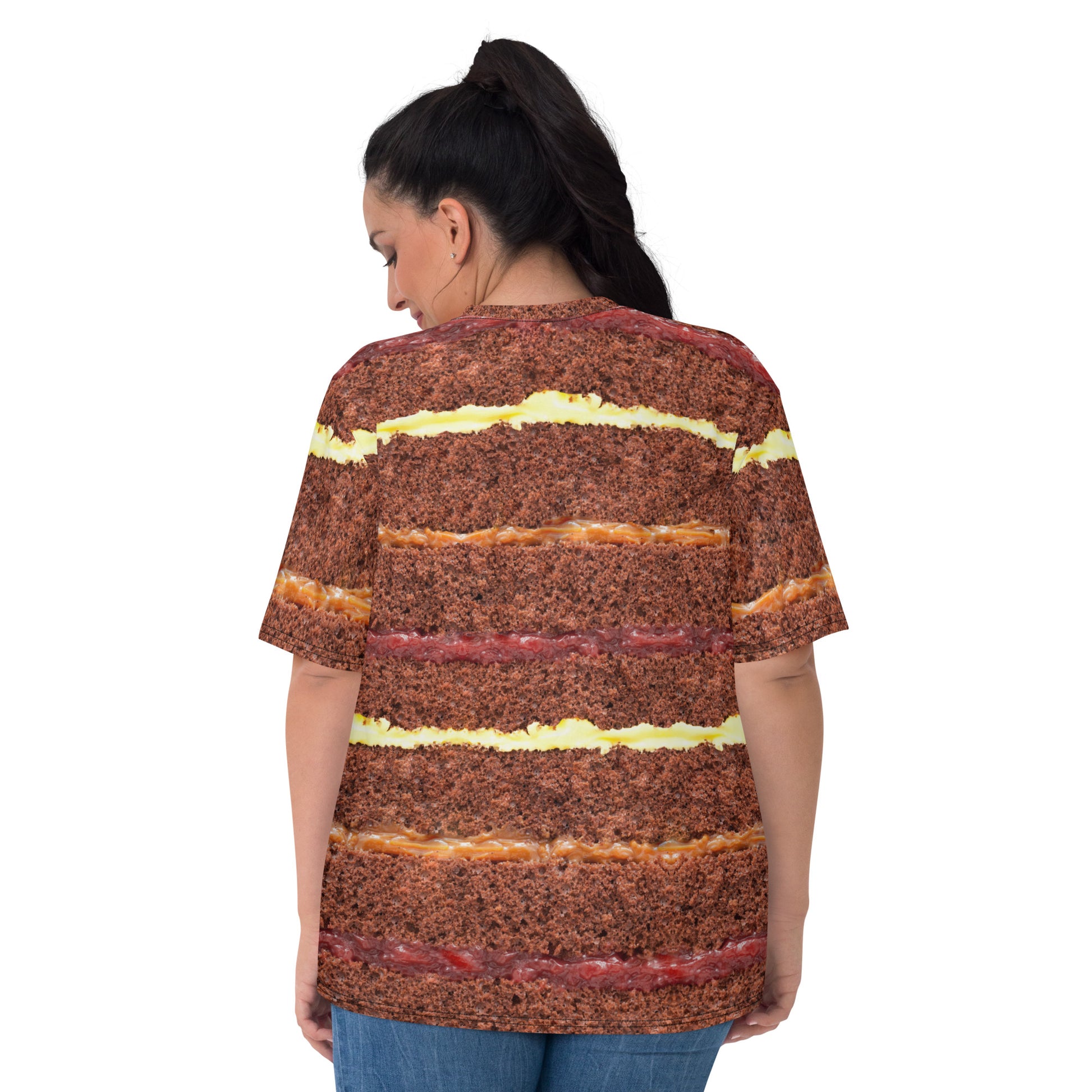 plus size model wearing Chocolate Gateau Cake Layers all over print women's T-shirt back