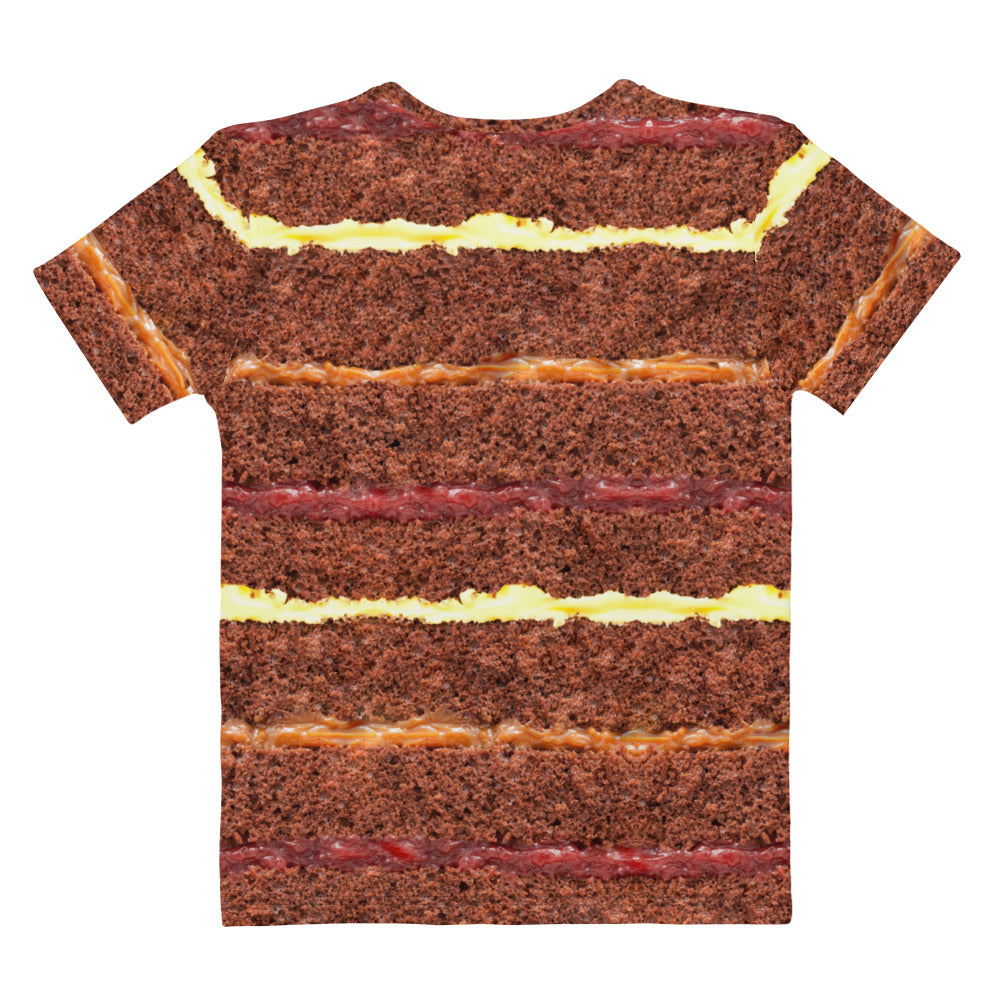 Chocolate Gateau Cake Layers all over print women's T-shirt laid flat back