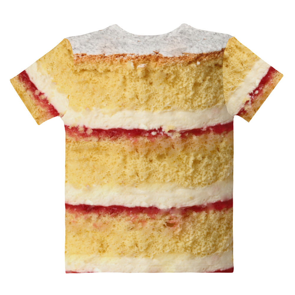 Victoria sponge cake layers women's all over print T-shirt laid flat back