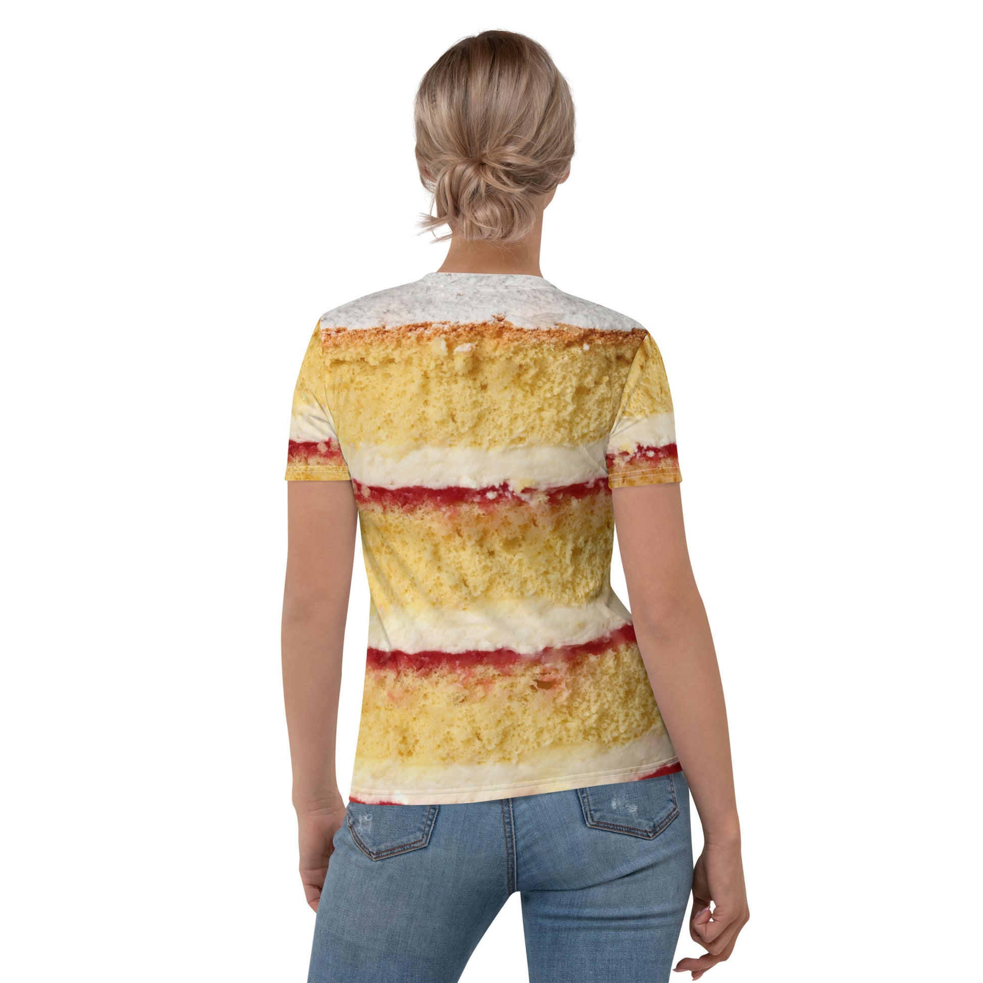 female model wearing Victoria sponge cake layers women's all over print T-shirt rear view