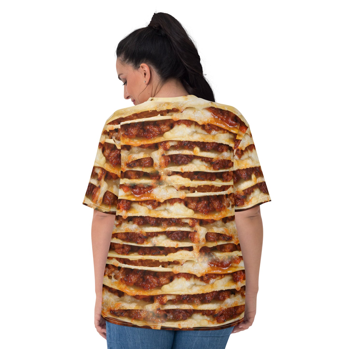 plus size female model Lasagne layers 3D all over print women's T-shirt back