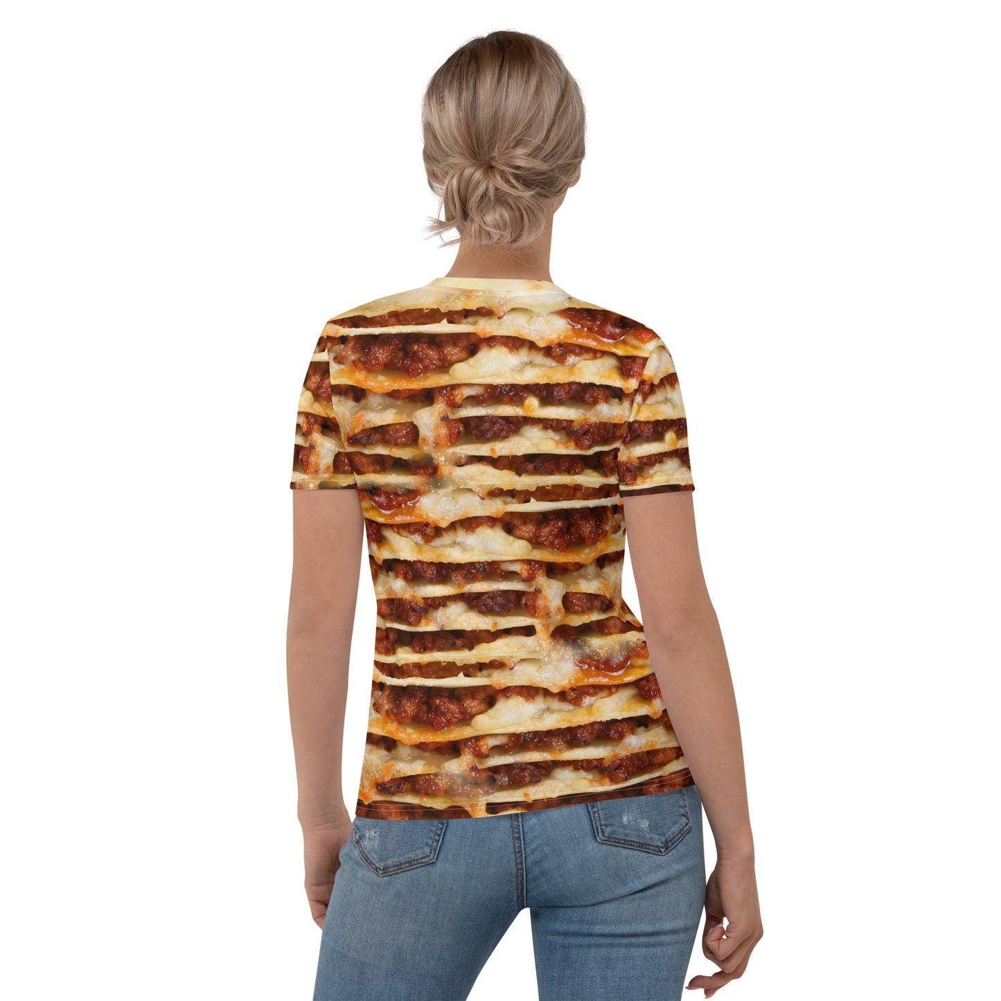 Lasagne layers 3D all over print women's T-shirt female model rear view