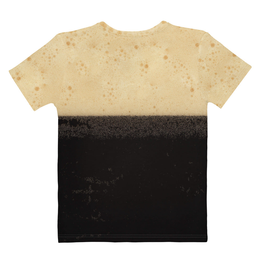 The black stuff Irish stout bubbles all over print women's T-shirt laid flat back