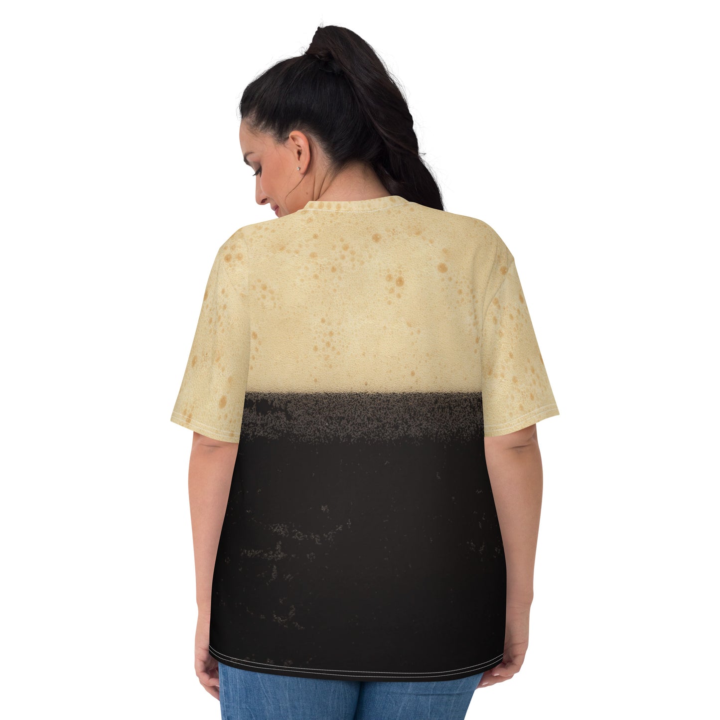 plus size female model wearing The black stuff Irish stout bubbles all over print women's T-shirt rear view