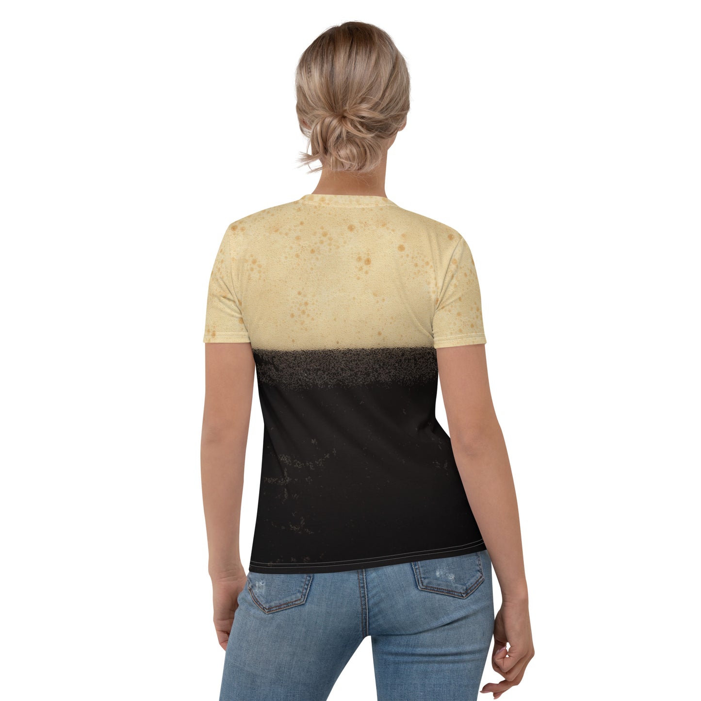 The black stuff Irish stout bubbles all over print women's T-shirt back view model