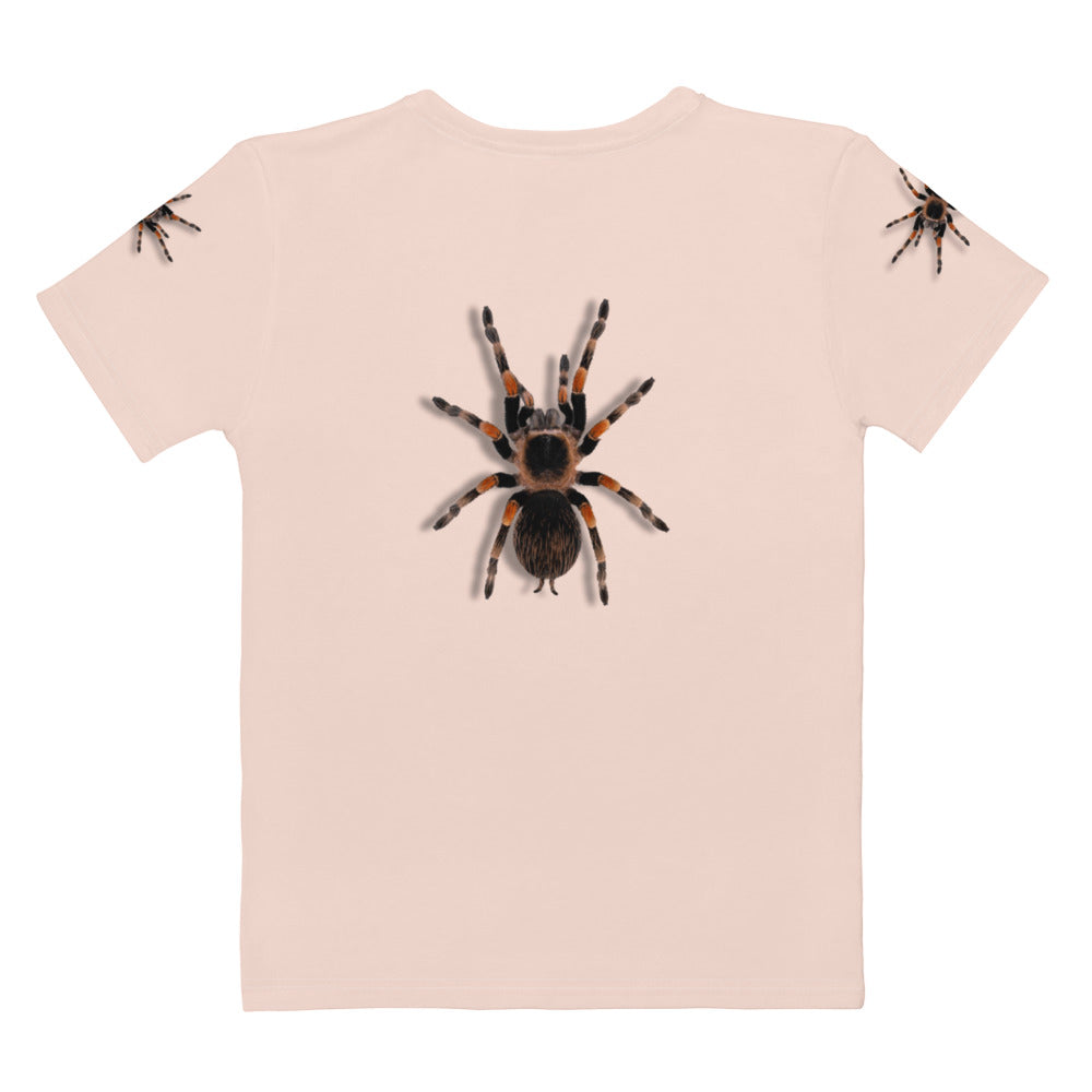 Pale pink t-shirt with realistic looking 3D Tarantula spiders on both arms, back and front, laid flat rear view