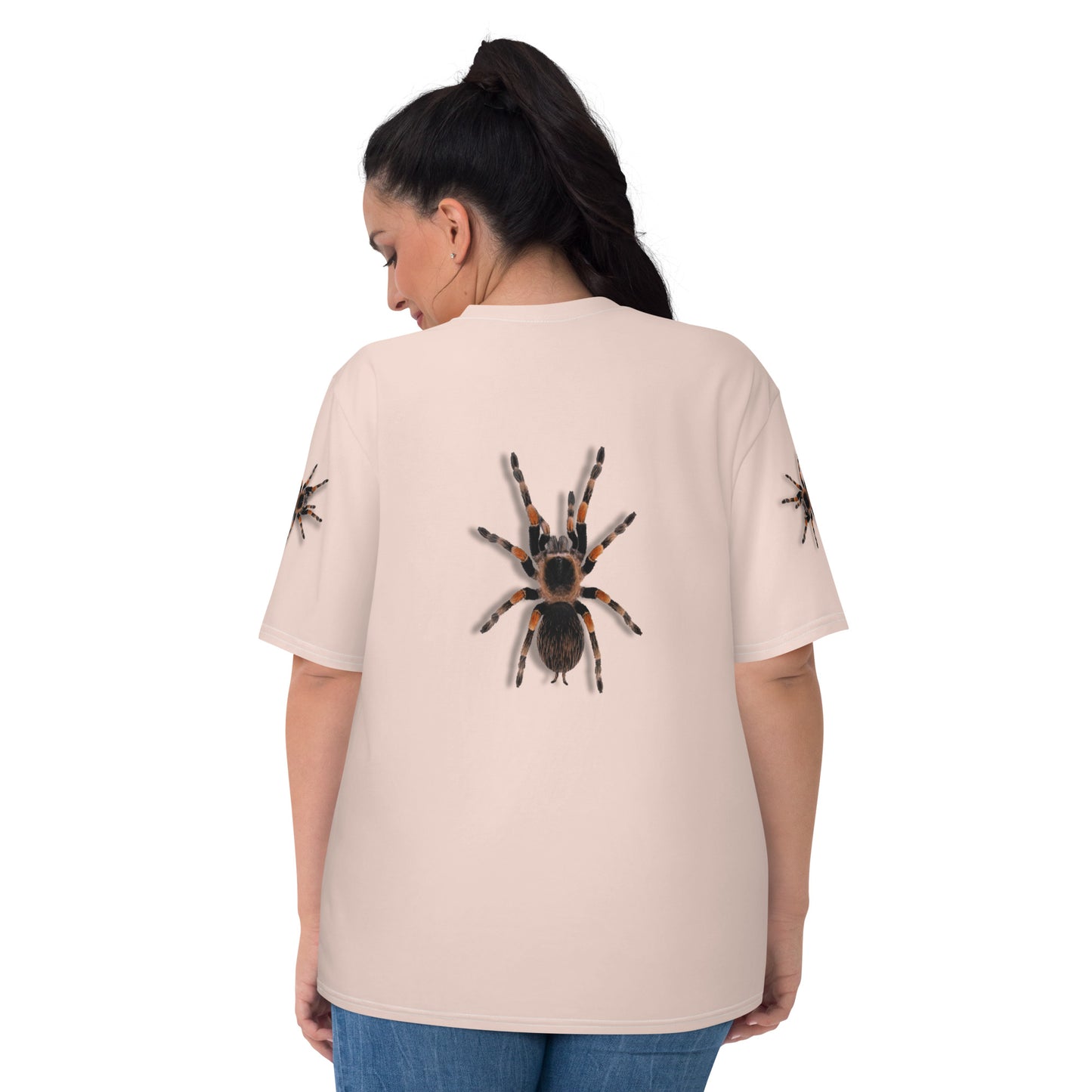 plus size female model wearing a pale pink t-shirt with realistic looking 3D Tarantula spiders on both arms, back and front, rear view