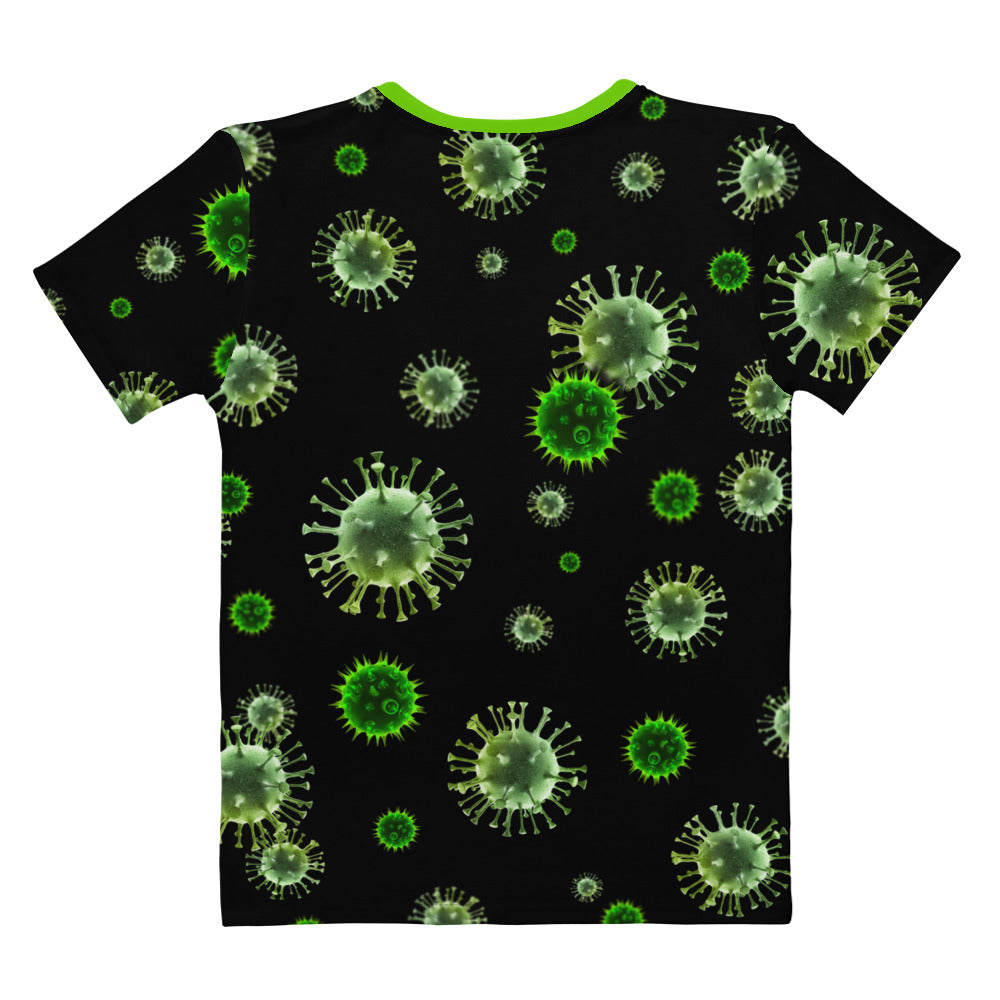 women's all over print virus microbes novelty t-shirt laid flat rear view