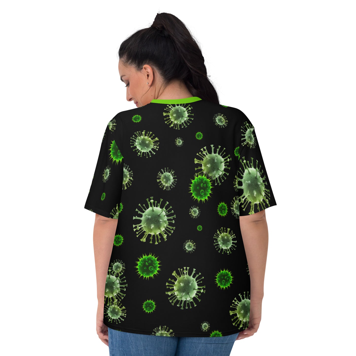 plus size model wearing women's all over print virus microbes novelty t-shirt rear view female