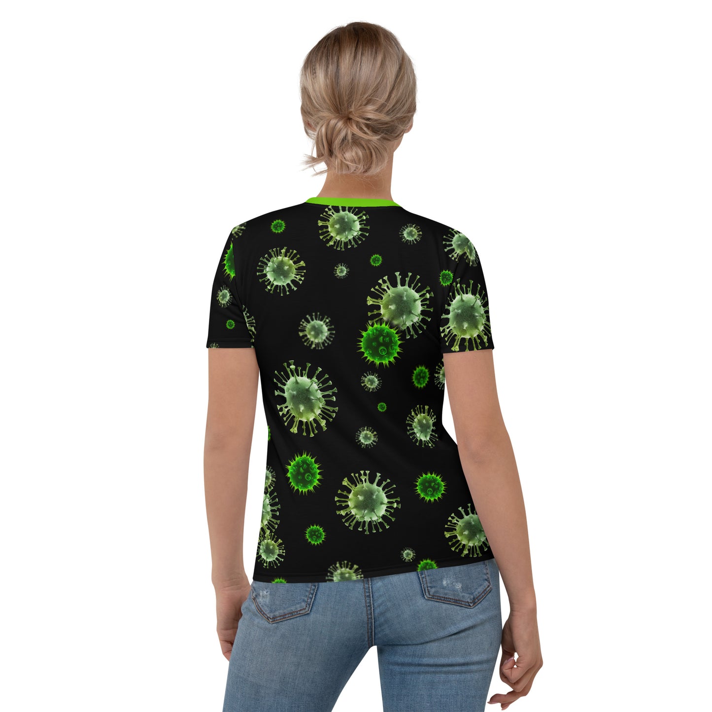 female model wearing women's all over print virus microbes novelty t-shirt rear view