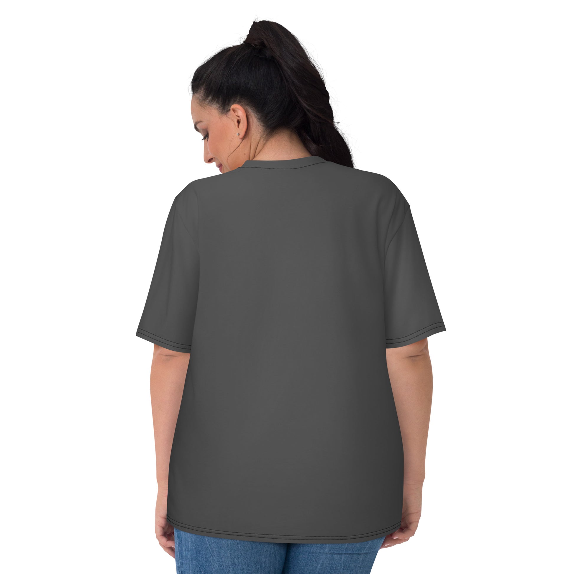 plus size woman wearing a grey black t-shirt with an open zipper print on the front revealing skinned torso muscles, rear view