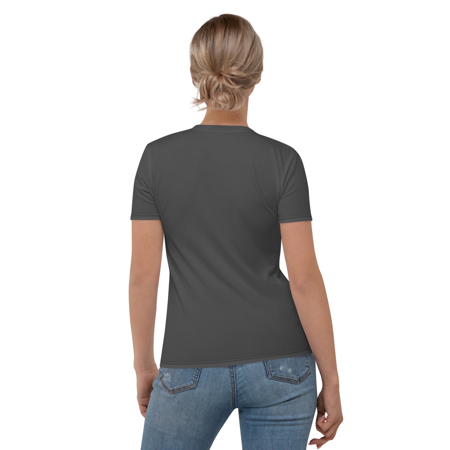 woman wearing a grey black t-shirt with an open zipper print on the front revealing skinned torso muscles, rear view