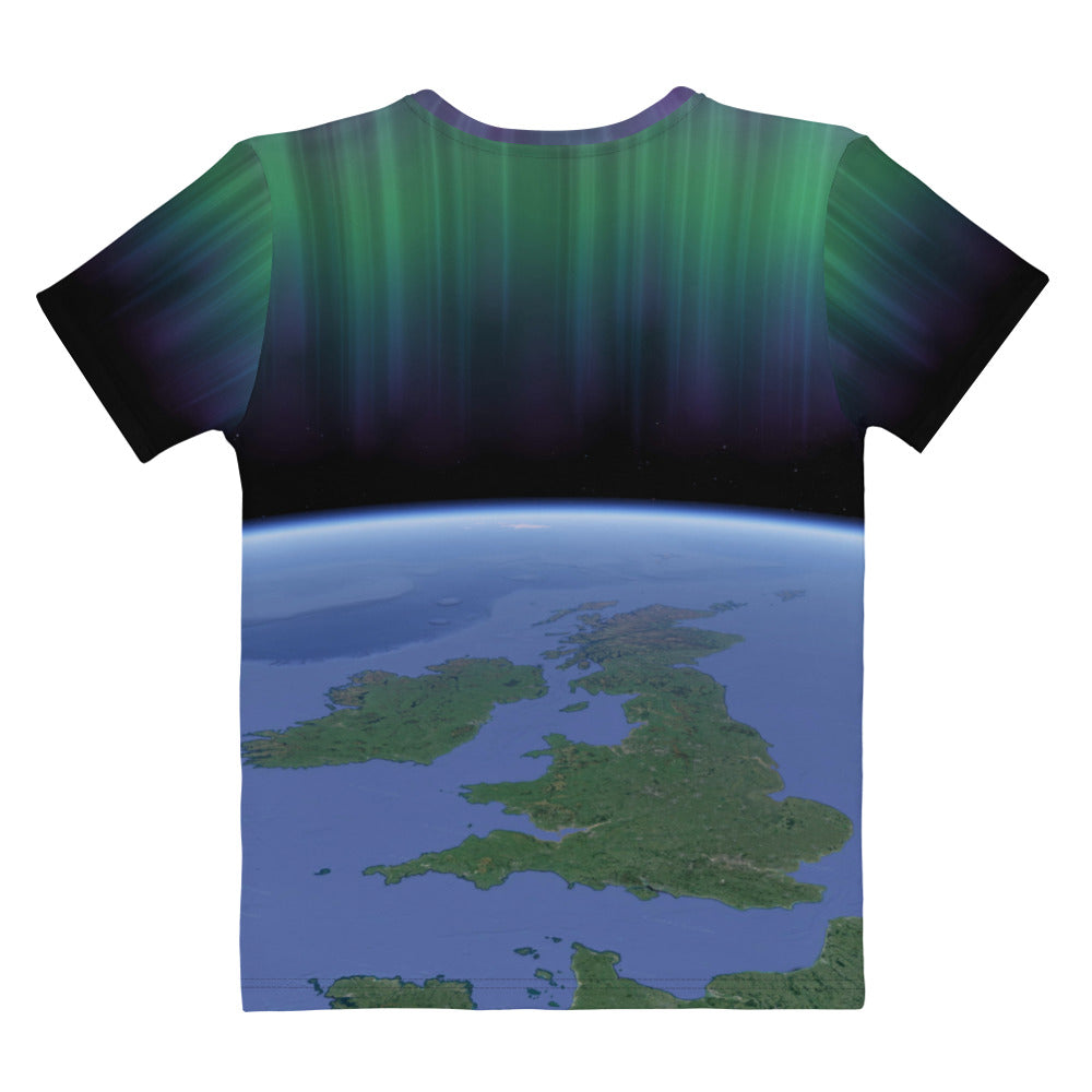 British Isles with Aurora Borealis above, all over print T-shirt, laid flat, rear view