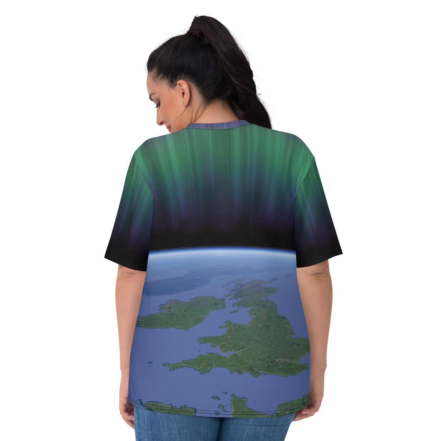 plus size woman wearing a t-shirt showing the British Isles from space with the aurora borealis above, rear view