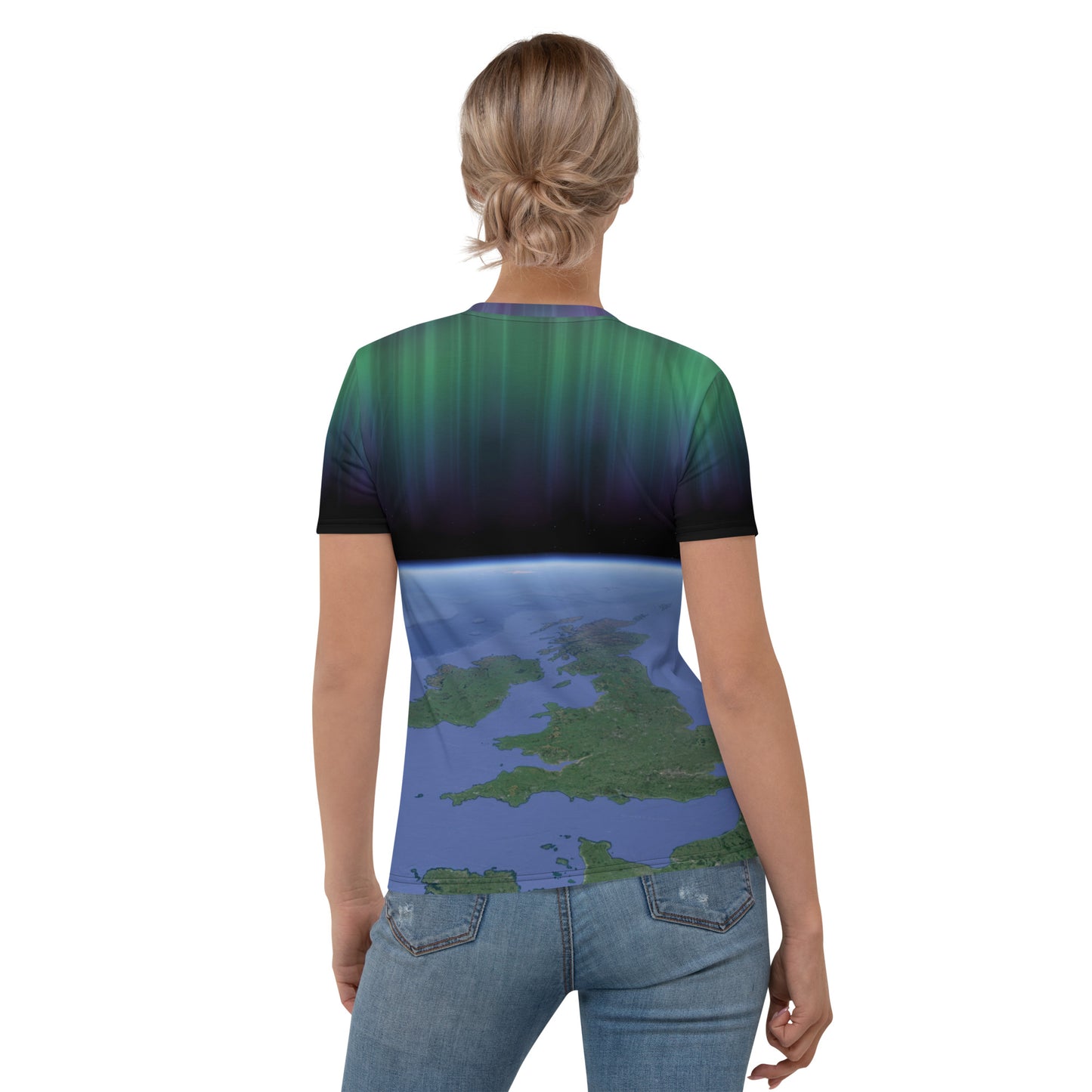 woman wearing a t-shirt showing the British Isles from space with the aurora borealis above, back view