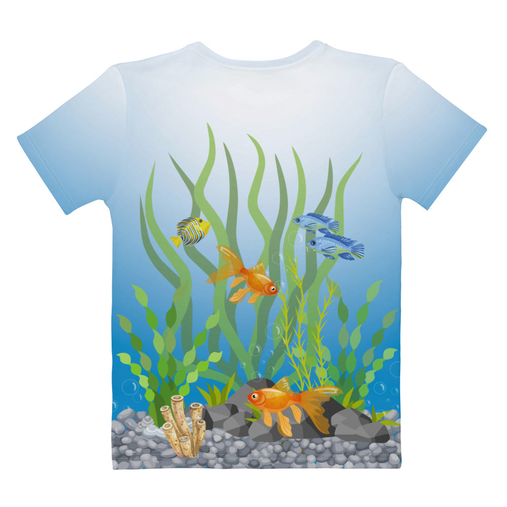 Tropical fish aquarium scene all over print T-shirt, laid flat, rear view.