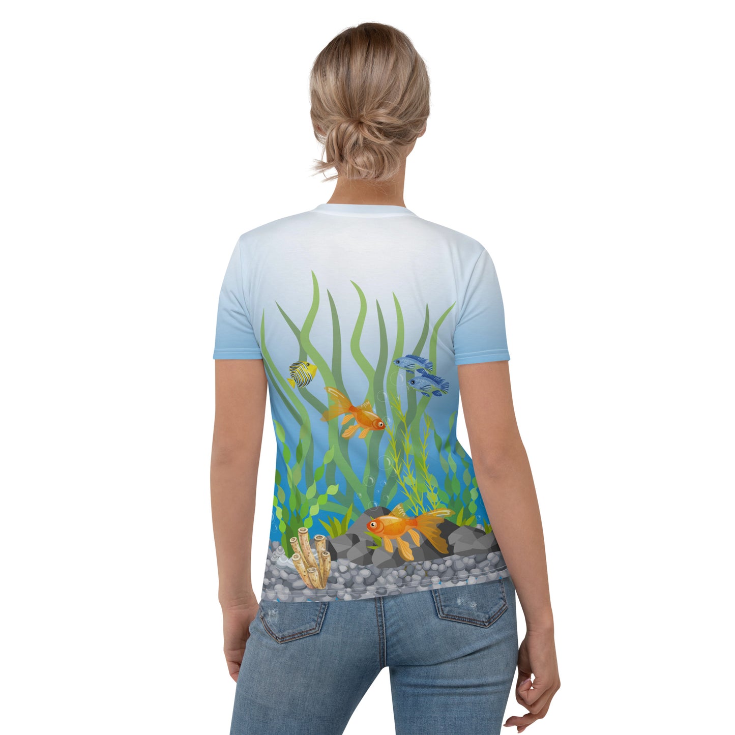 Woman wearing a tropical fish aquarium scene all over print T-shirt, rear view