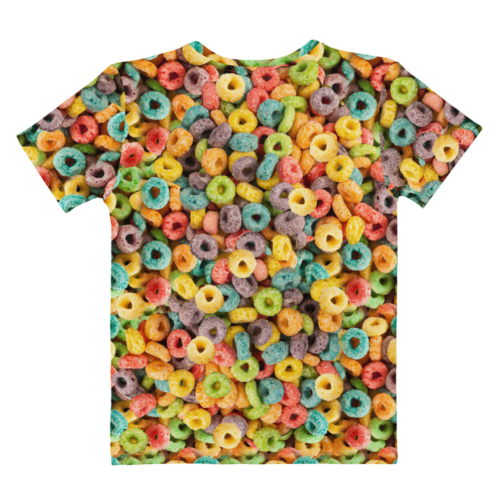 All over print fruity loops cereal T-shirt, laid flat, rear view