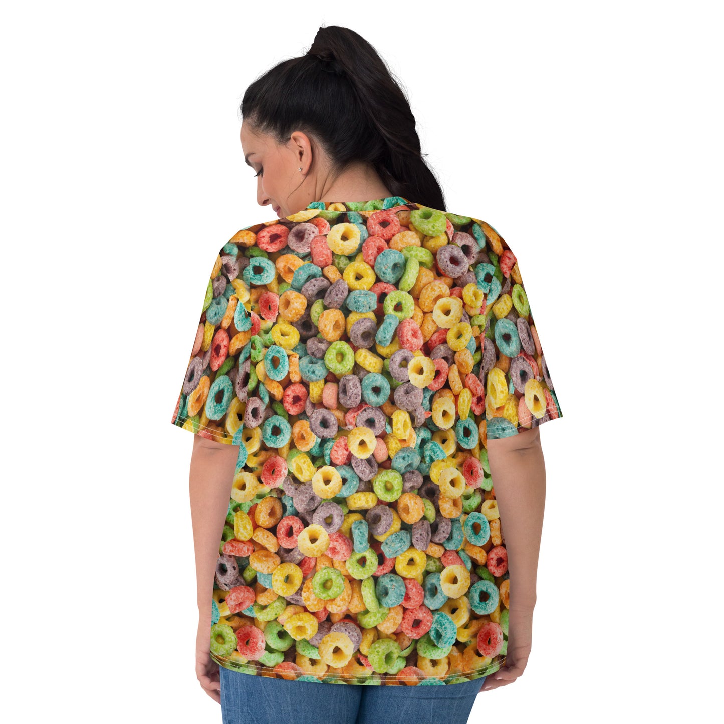 Plus size Woman wearing an all over print fruity loops cereal T-shirt, rear view