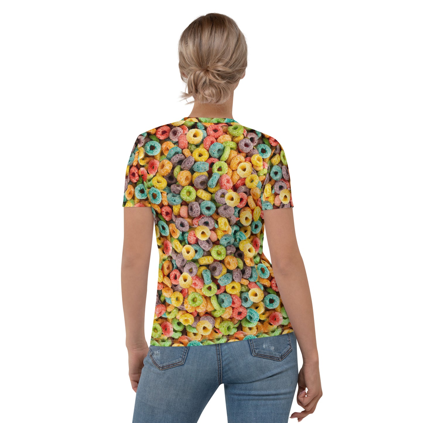 Woman wearing an all over print fruity loops cereal T-shirt rear view