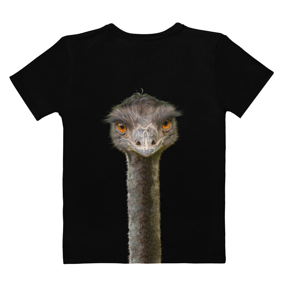 Black all over print novelty T-shirt with an Emu head and neck printed on the front and back, laid flat, rear view