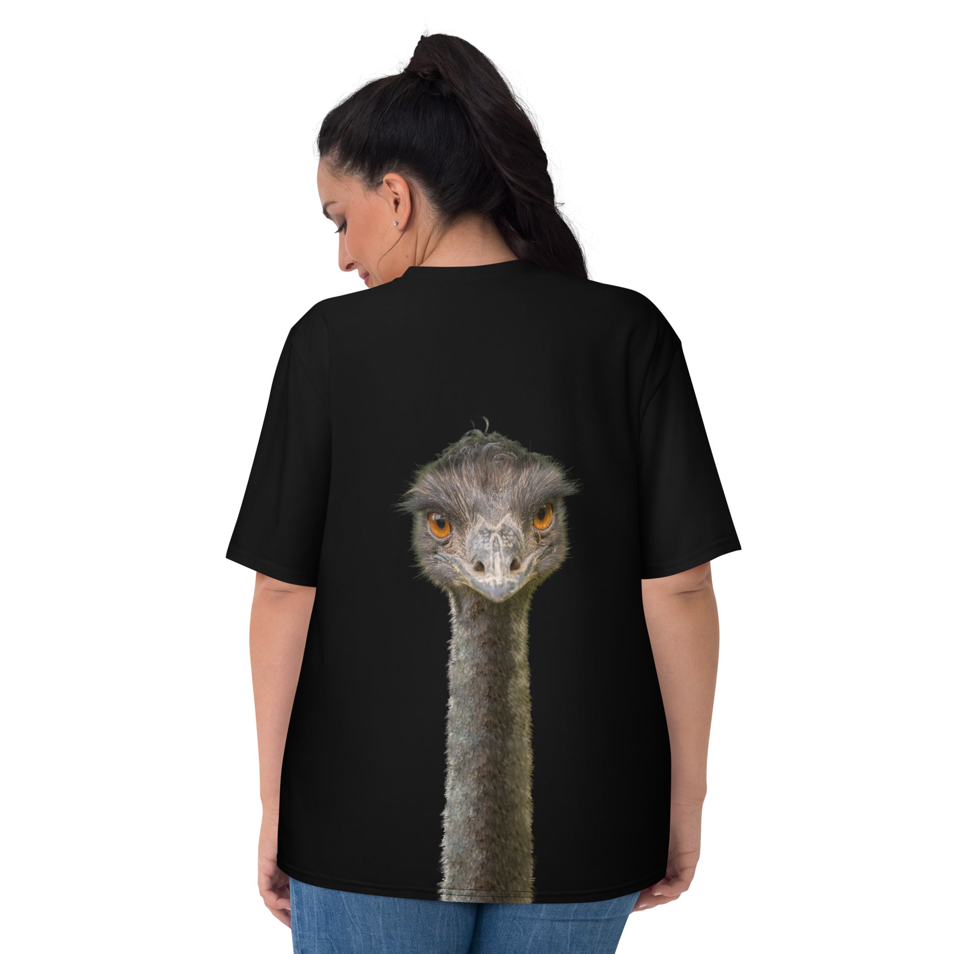 Plus size Female model wearing a black all over print novelty T-shirt with an Emu head and neck printed on the front and back, rear view