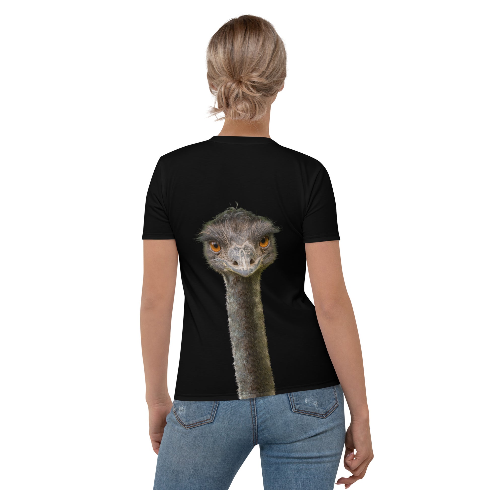 Female model wearing a black all over print novelty T-shirt with an Emu head and neck printed on the front and back, rear view