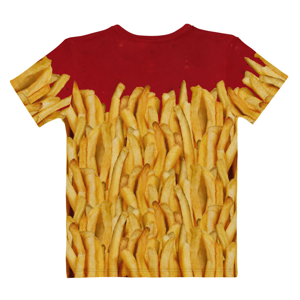 Women's French fries and ketchup all over print T-shirt, laid flat, back.