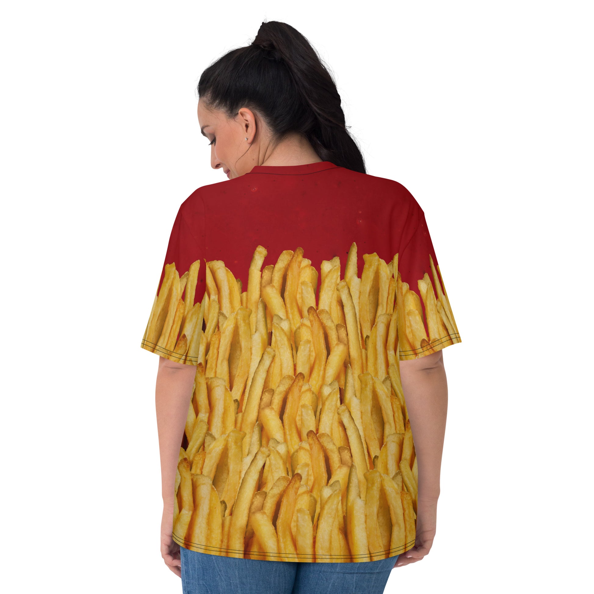 Plus size Woman wearing a French fries and ketchup all over print T-shirt, rear view.