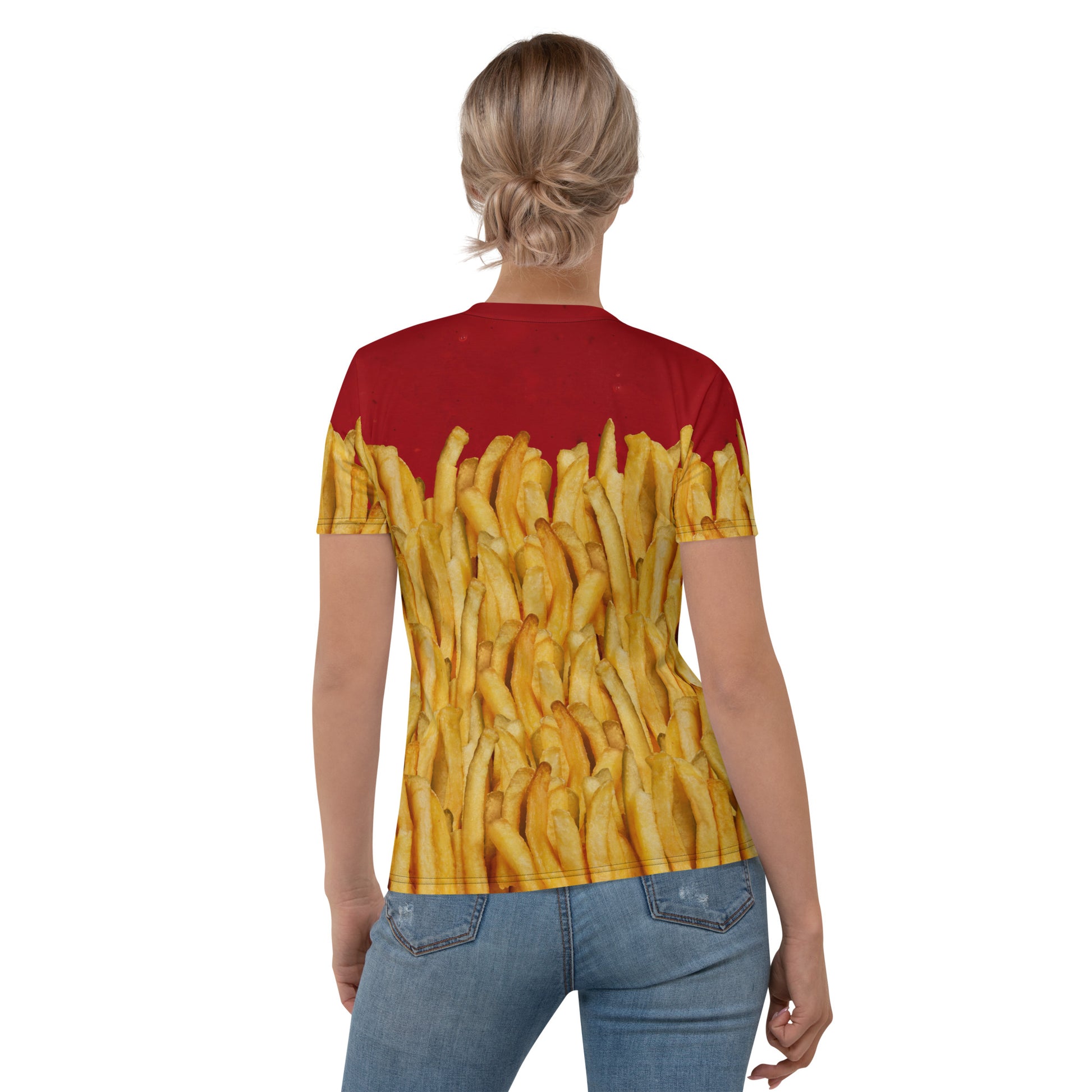 Women's French fries and ketchup all over print T-shirt, back view.