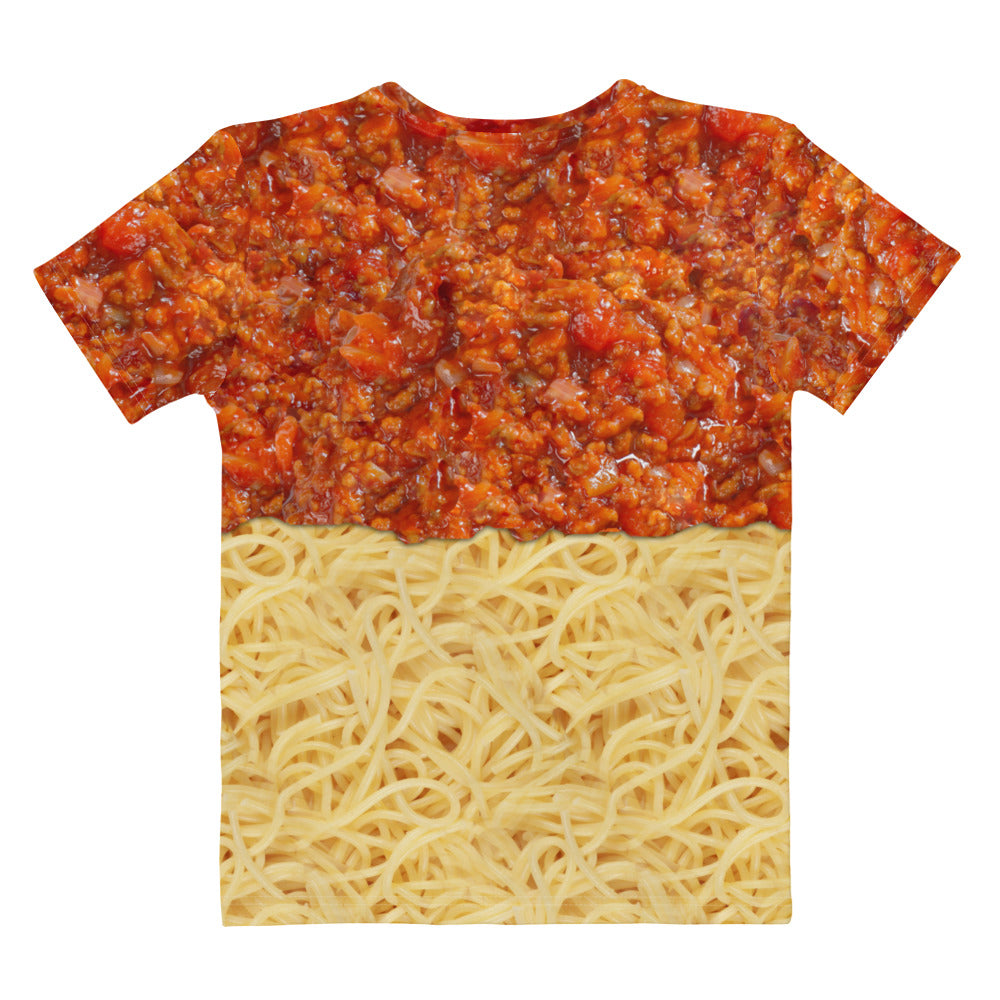 Spaghetti bolognese all over print T-shirt, laid flat, back.