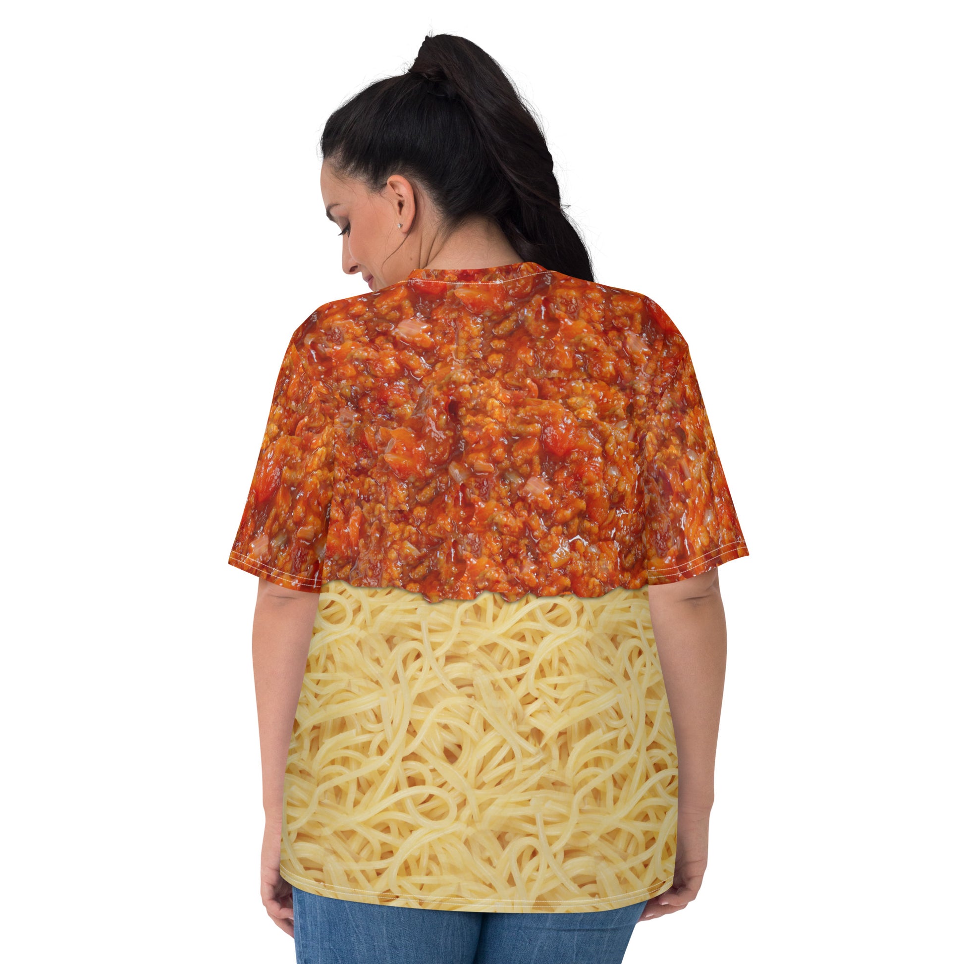 Plus size Young woman wearing a spaghetti bolognese all over print T-shirt, rear view.