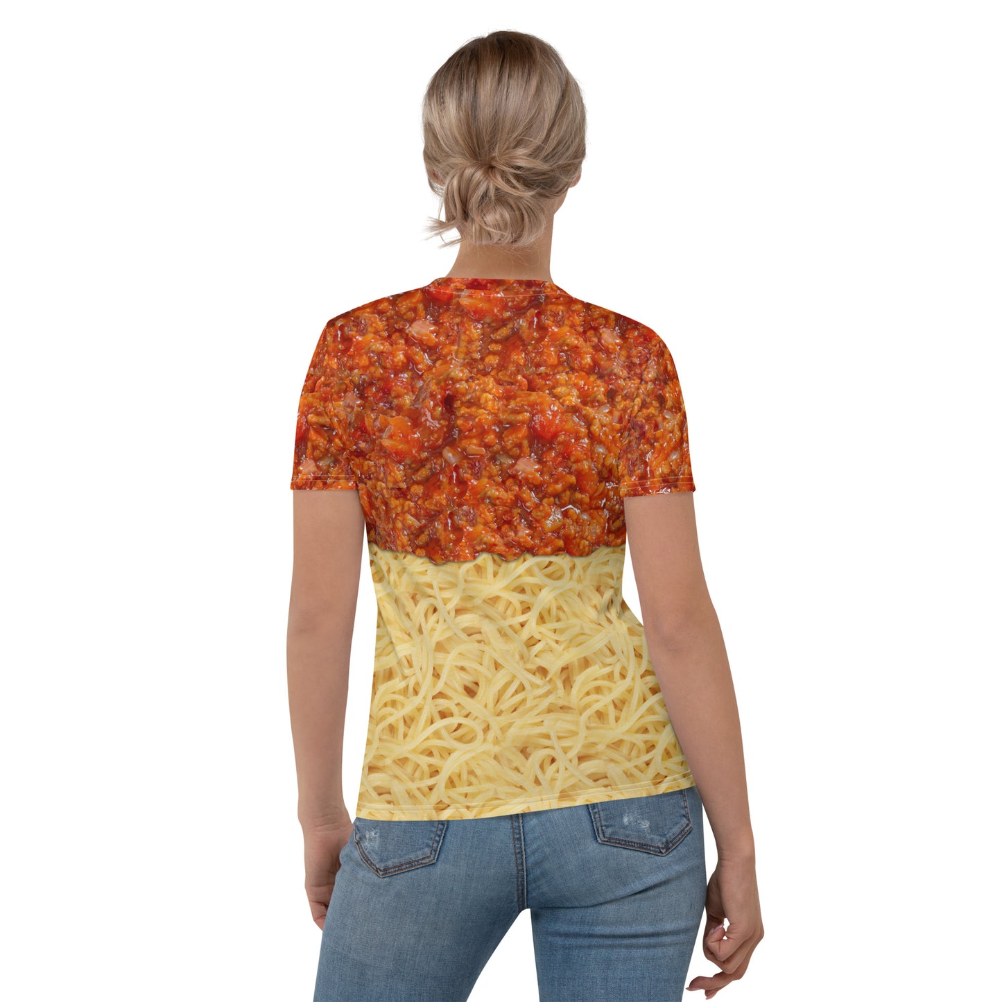 Young woman wearing a spaghetti bolognese all over print T-shirt, rear view.