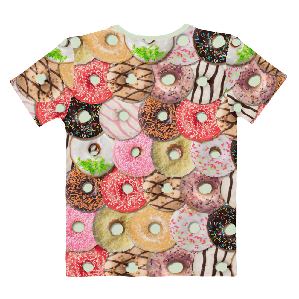 Colourful iced doughnuts all over print T-shirt, laid flat, back of shirt.