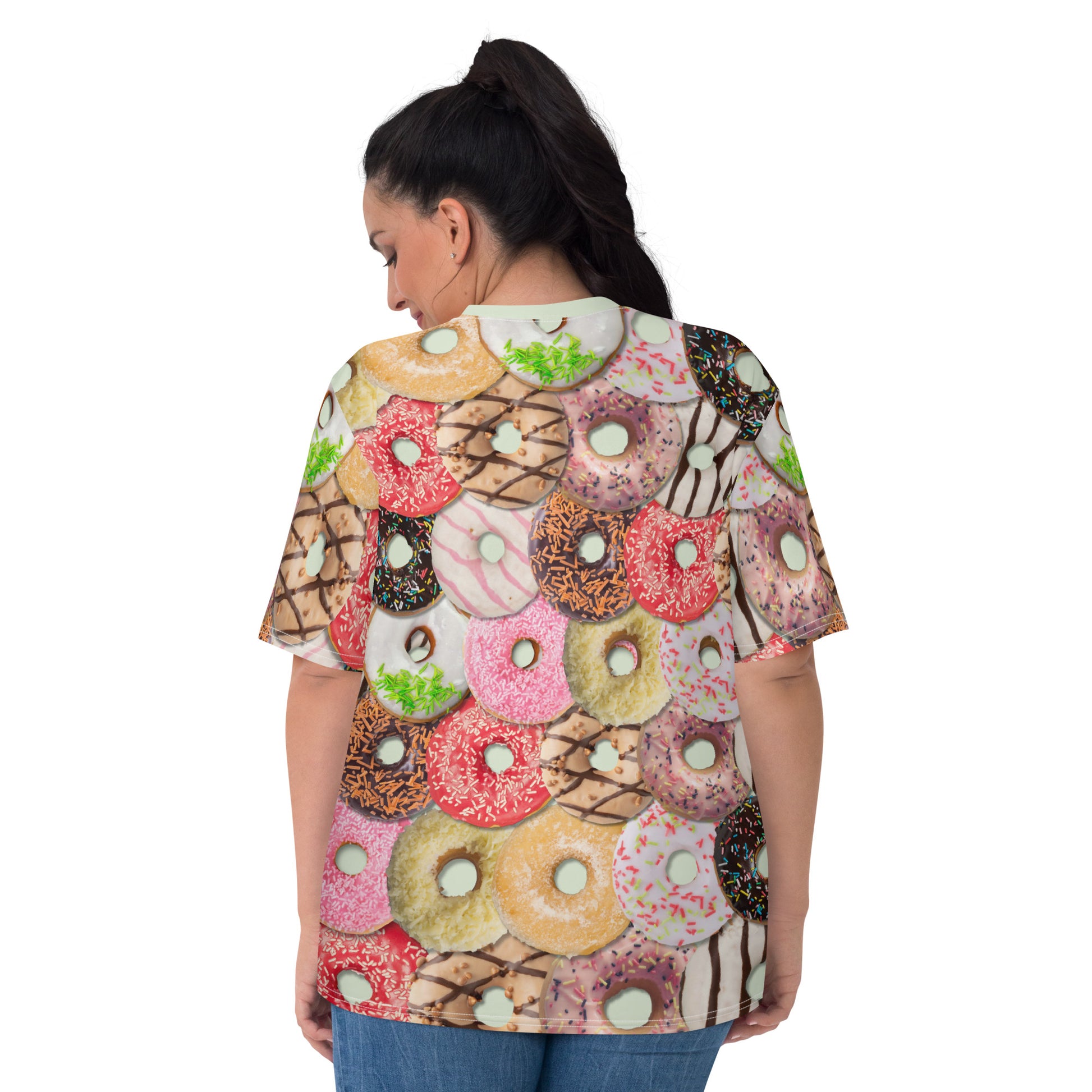 Plus size Young woman wearing an iced doughnuts all over print T-shirt, back.