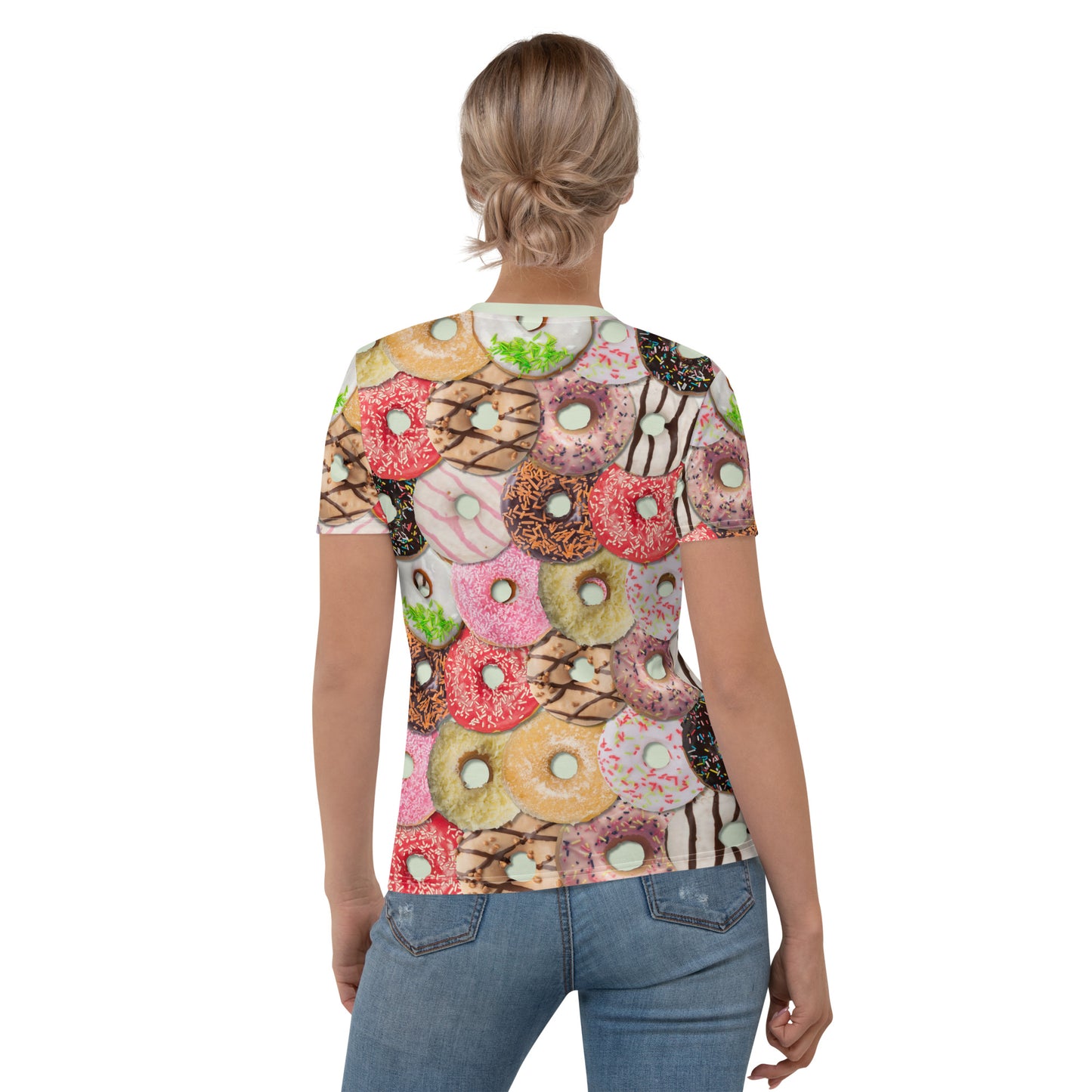 Young woman wearing an iced doughnuts all over print T-shirt, rear view.