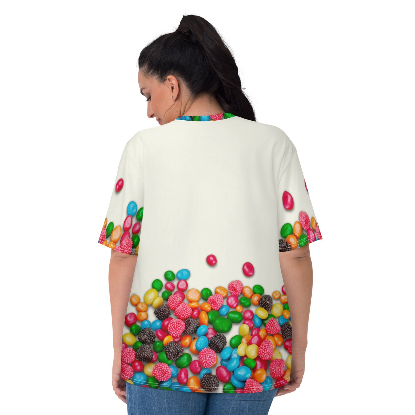 young woman wearing an all over print colourful Candy print T-shirt with SWEET!  on the front, rear view.