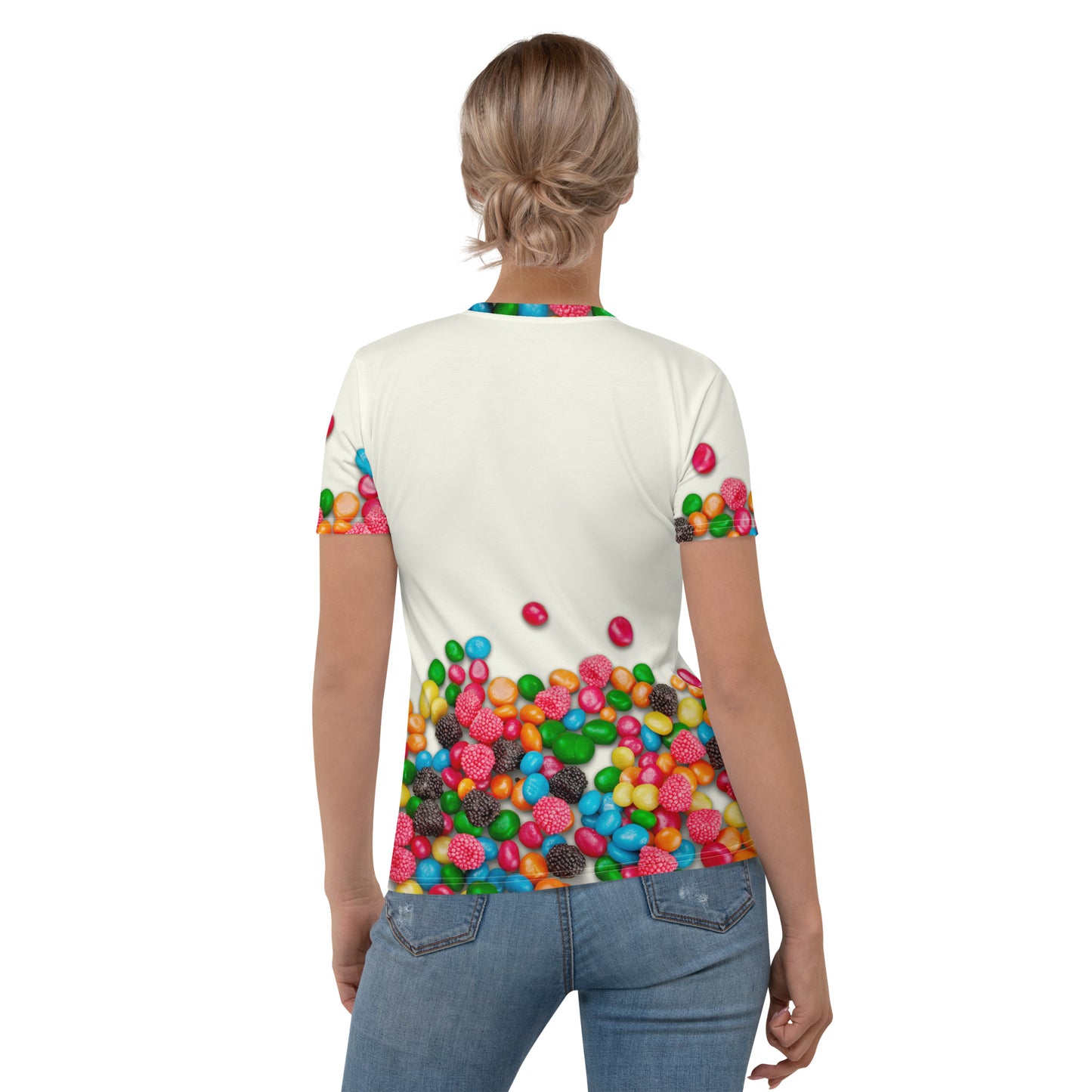 young woman wearing an all over print colourful Candy print T-shirt with SWEET!  on the front, rear view.