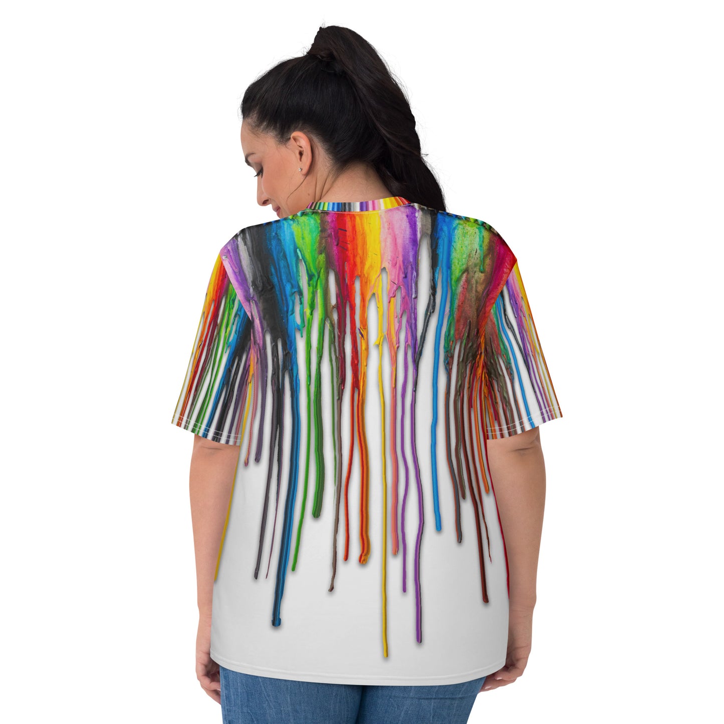 Young woman wearing an All over print Melted Crayons Dripping down the shirt T-shirt, plus size model, back.